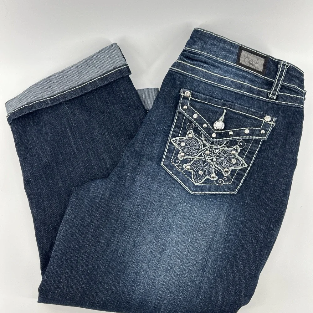 Earl Jean Capris Jeans Women's 14 Blue Denim Stretch Decorative Embellished Y2K - Picture 1 of 12